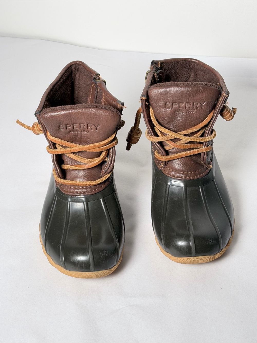 Sperry Kids Brown Leather & Black Rubber Rain Boots with Tan Laces